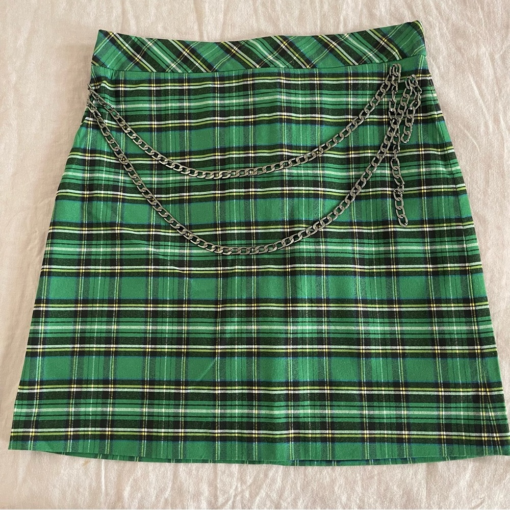 Zara Green Check Mini Skirt with chain details